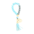 Bracelet porte-clés en perles de silicone bleu marbre avec perle en bois et gland en cuir - Rose bonbon