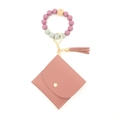 Pink silicone bead bracelet keychain with PU leather wallet and tassel accessory - Purplish Red