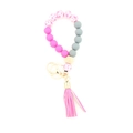 Porte-clés en perles de silicone rose et gris avec perle en bois et gland en cuir - Rouge Rose