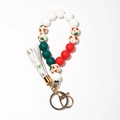 Bracelet de perles de Noël en silicone avec perles de bois et pompon en cuir - Style Gland Motif Mixte Rouge Vert (3)