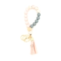 Porte-clés en perles de silicone rose et gris avec perle en bois et gland en cuir - Rose Clair