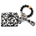 Silicone bead keychain bracelet set with cow print leather card holder and Mama wood tag - Black