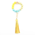 Beaded wristlet keychain with yellow blue silicone beads and long leather tassel - Yellow