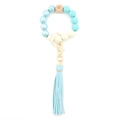 Blue silicone beaded keychain bracelet with evil eye wooden bead and leather tassel - Blue
