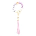 Beaded keychain bracelet with purple leopard print wood beads and pink faux leather tassel - Light Purple