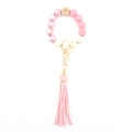 Pink and white silicone beaded wristlet keychain with wooden bead and leather tassel - Pink