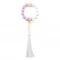Purple and white printed beaded keychain bracelet with wood charm and leather tassel - Silver