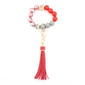 Red and grey beaded keychain wristlet with printed beads, hex wood bead and red PU tassel - Red