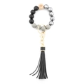Beaded wristlet keychain with grey wood beads, black tassel, and gold-tone hardware - Black