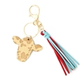 Cow head wooden keychain with brown spots, blue and red faux suede tassels and gold clip - Blue and Red Tassel Style (4)