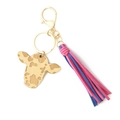Cow head wooden pendant keychain with colorful faux suede tassel and gold lobster clasp - Pink And Blue Tassel (5)