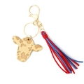 Cow head wooden pendant keychain with red and blue suede tassels in golden finish - Bicolor Blue Red Tassel (6)