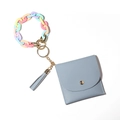 Morandi-blauer PU-Leder Kartenhalter Schlüsselanhänger mit Macaron-Silikon-Armbandkette - Hellblau