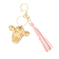Pink and white tassel keychain with laser engraved wooden bull head and gold lobster clasp - Pink And White Tassel (7)