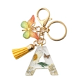 Handmade resin letter A keychain with dried flowers, yellow tassel and butterfly charm - Letter A