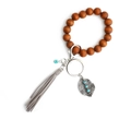 Bohemian wooden bead bracelet keychain with grey suede tassel and alloy leaf pendant - Gray