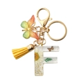 Resin letter F keychain with white daisy and yellow butterfly wing and tassel - Letter F