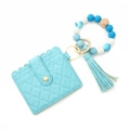 Sky blue quilted leather card holder with tassel and silicone beaded wristlet keychain - Blue Marble