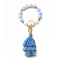 Bohemian silicone bead bracelet with light blue floral print and layered fringe tassel - Light Blue