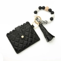 Black quilted leather card holder keychain with black and white silicone bead wristlet - Black White Leopard