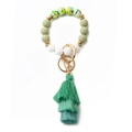 Sage green and floral silicone bead keychain bracelet with tiered thread tassels - Green