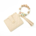 Quilted beige leather wallet keychain with silicone bead wristlet and elegant floral accents - Beige Floral