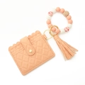 Quilted peach leather card holder with beaded silicone wristlet and tassel keychain - Peach Heart
