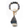 Grey and white beaded silicone keychain bracelet with a three-layer gradient tassel - Gray