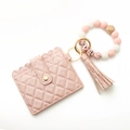 Pink quilted faux leather card wallet keychain with silicone beads and tassel bracelet - Pink Leopard
