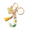 Resin letter J keychain with white daisies, butterfly charm, and yellow tassel - Letter J