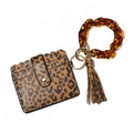 Leopard print PU leather card holder with amber acrylic chain and tassel keychain set - Leopard Print