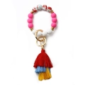 Boho silicone bead wristlet with rose pink beads and colorful tassel keychain - Red