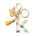 Resin letter K keychain with real dried flowers, yellow tassel and butterfly charm - Letter K