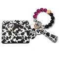 Purple cow print silicone bead wristlet with leather card holder and Mama keychain - Purple
