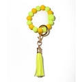 Luminous silicone bead wristlet keychain with yellow and orange beads and leather tassel - Yellow