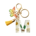 Resin letter M keychain with yellow dried flowers, butterfly charm and tassel - M