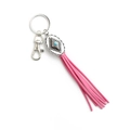 Bohemian rhombus alloy keychain with turquoise stone and long pink suede tassel - Rose Red