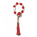 Red and white silicone beaded keychain wristlet with gold lobster clasp and red leather tassel - Red