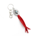 Bohemian silver rhombus keychain with red suede fringe and blue turquoise stone bead - Red