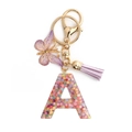 Porte-clés lettre A en résine avec paillettes, papillon violet et pompon soyeux - Lettre A / Fermoir Boucle 8 + Papillon