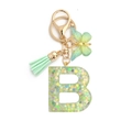 Harz-Schlüsselanhänger Buchstabe B mit grünem Schmetterling, Pailletten und goldenem Verschluss - 8-Schleifen-Verschluss + Schmetterling / Buchstabe B