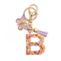 Porte-clés lettre B en résine pailletée rose avec breloque papillon et gland mauve - Lettre B / Fermoir Boucle 8 + Papillon