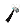 Bohemian silver alloy leaf keychain with turquoise beads and long black tassel - Black
