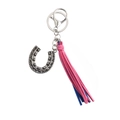 Boho horseshoe keychain with silver floral engraving and pink blue tassels - Rose Blue