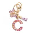 Porte-clés lettre C en résine avec fleurs, papillon violet et pompon assorti - Lettre C / Fermoir Boucle 8 + Papillon