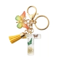 Resin letter T keychain with yellow dried flowers, butterfly charm and suede tassel - Letter T