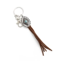 Bohemian rhombus alloy keychain with turquoise bead and long dark brown suede tassel - Brown