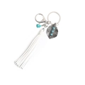 Bohemian silver leaf keychain with white tassel and turquoise beads in vintage style - White