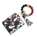 Silicone bead wristlet keychain with western cow print wallet and tassel accessory - Brick Red