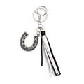 Bohemian silver horseshoe keychain with decorative black and white faux leather tassels - Black and White